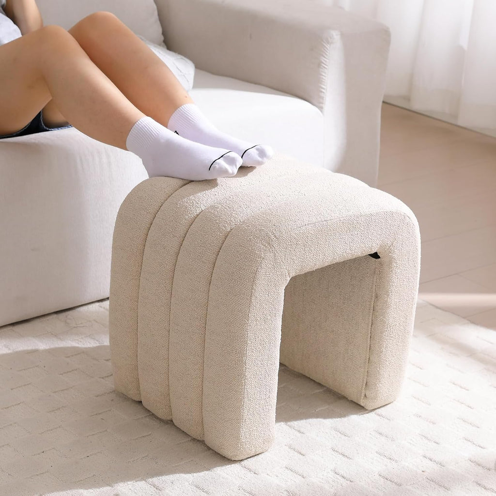 Flouki Ottoman Foot Stool with Channel Tufted, Small Ottoman Bench for Entryway, Modern Vanity Stool Chair, Upholstered Foot Rest Extra Seat for Living Room (Beige Linen)