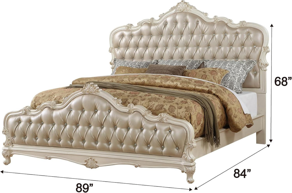 Acme Chantelle Eastern King Tufted Faux Leather Bed in Rose Gold and Pearl White