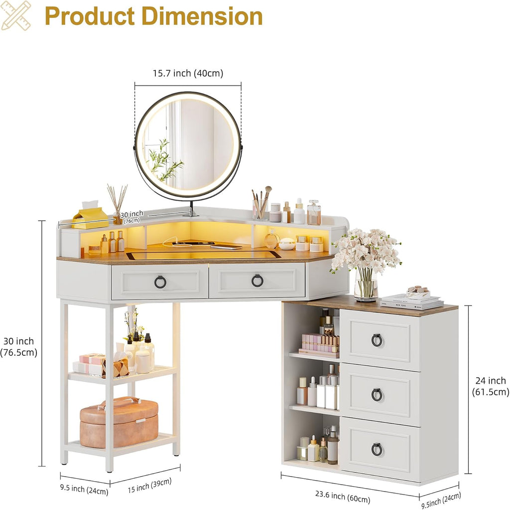 Lvifur Corner Vanity Desk with Mirror and Lights,White Corner Makeup Vanity with Charging Station, 3 Color Led Light Settings, 5 Drawers, and Open Shelves for Bedroom, Women, and Girls