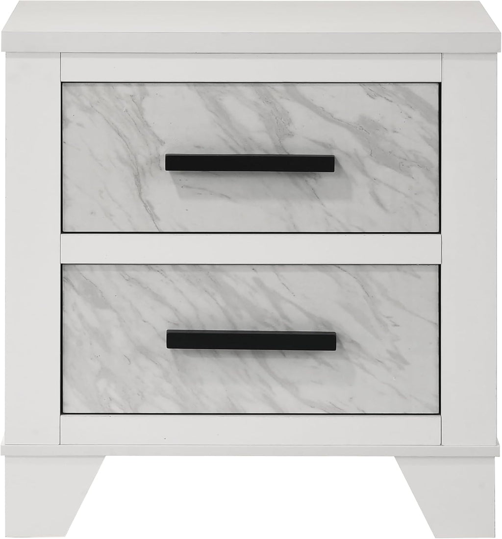 Furniture of America Anton Modern Solid Wood 4-Piece Bedroom Set with Faux Marble Headboard Bed, Metal Center Glide on Nightstand and Dresser with Mirror, Box Spring Needed for Bedroom, Full, White