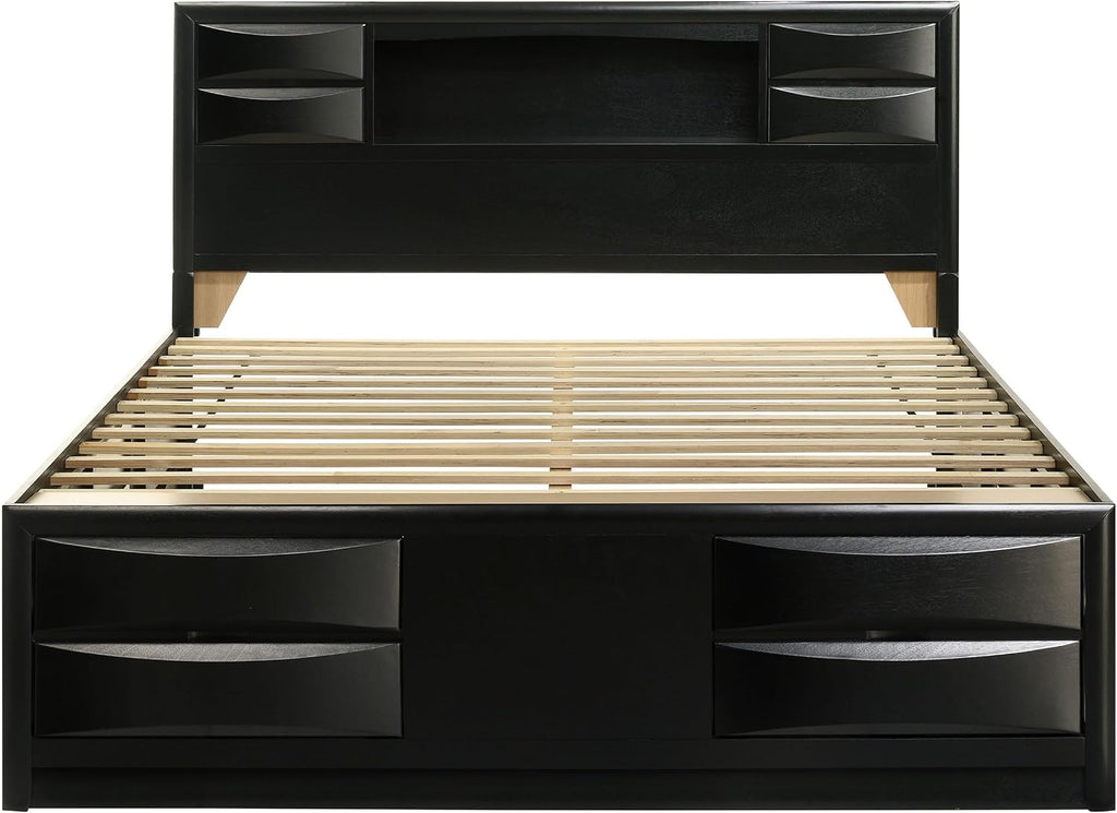 King Storage Bed, Platform Bed, Bookcase Headboard, Black Wood, 4 Footboard Drawers, Right Side Drop Down Door, No Foundation Required, Eastern King Bed Frame