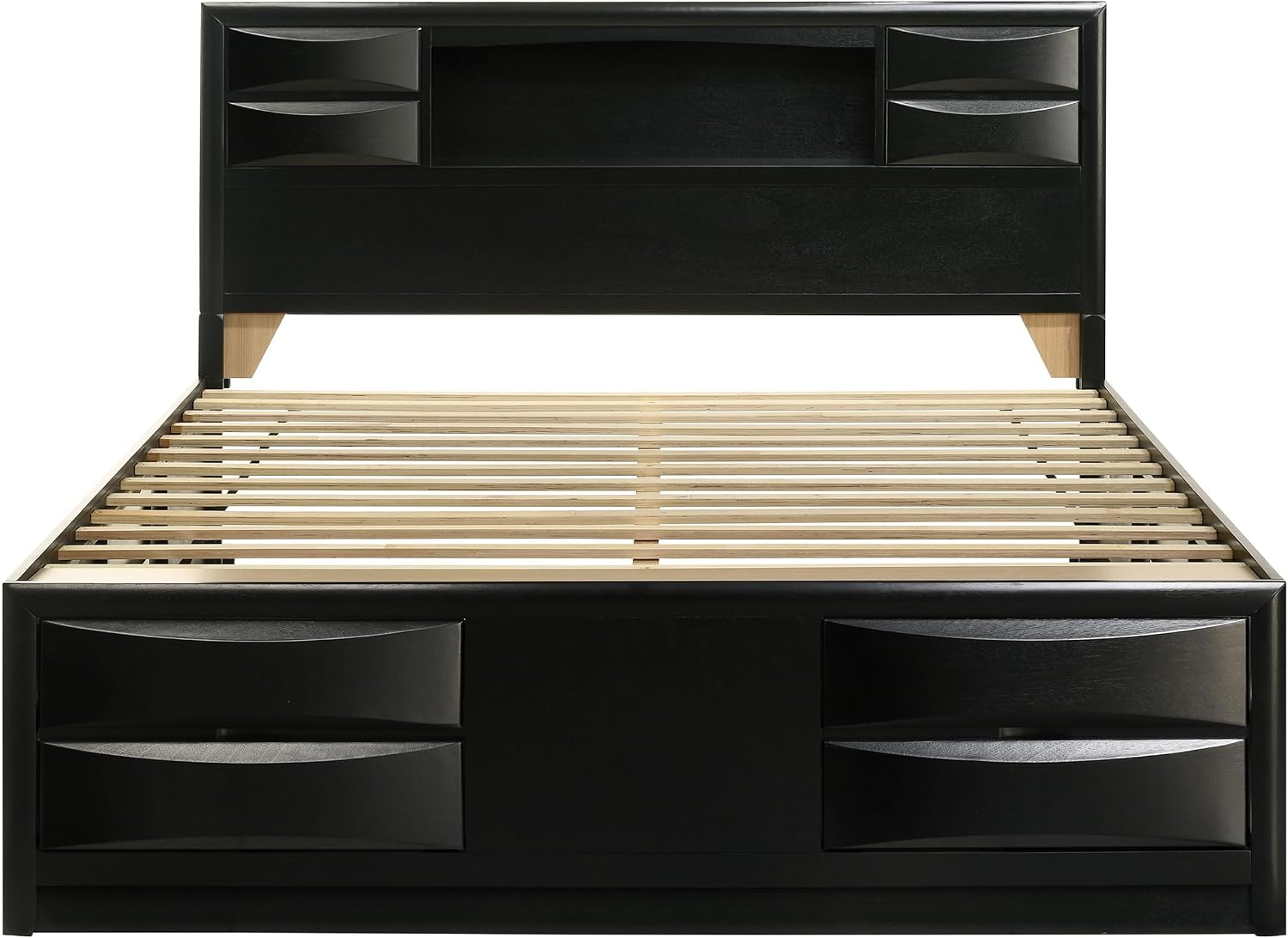 King Storage Bed, Platform Bed, Bookcase Headboard, Black Wood, 4 Footboard Drawers, Right Side Drop Down Door, No Foundation Required, Eastern King Bed Frame