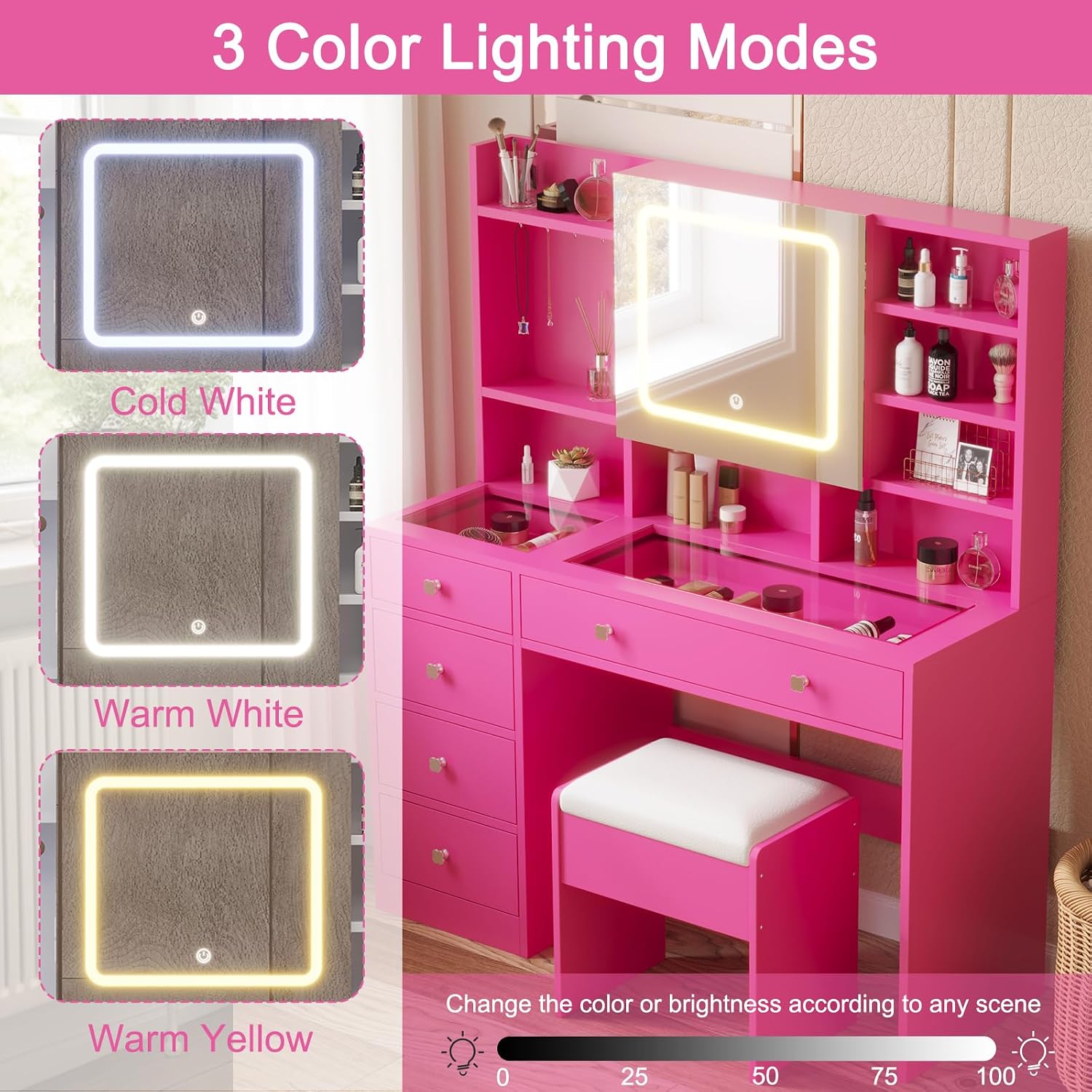 Karl home Makeup Vanity with Lighted Mirror Bedroom Vanity Desk with Charging Station Large Vanity Set with Transparent Desk, Drawers, Cabinet, Shelves for Storage in Bedroom, Pink