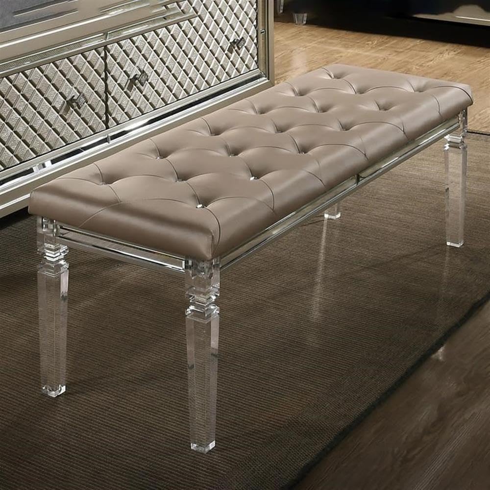 Pemberly Row Beige Faux Leather Vanity Bench, 53' L x 18' W x 19' H, Champagne Finish, Acrylic Legs, Upholstered Bedroom or Vanity Room Seat, Minimal Assembly Required