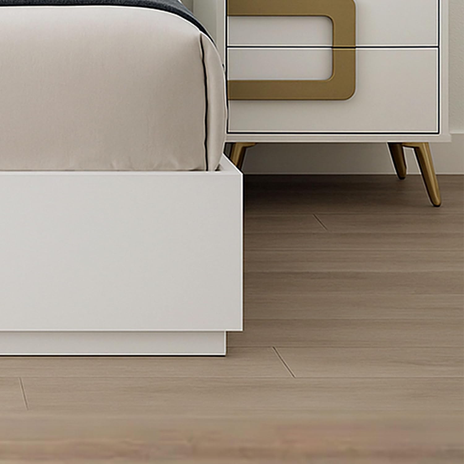 Kings Brand Furniture 3-Piece White/Gold Bedroom Set – Queen Size Wood Bed Frame with 2 Nightstands