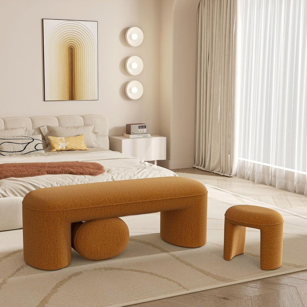 3-Piece Nesting Ottoman Bench Set, 53' Chenille Upholstered End of Bed Bench with 2 Foot Stools, Modern Space-Saving Entry & Vanity Stools for Living Room & Bedroom, Mustard Yellow