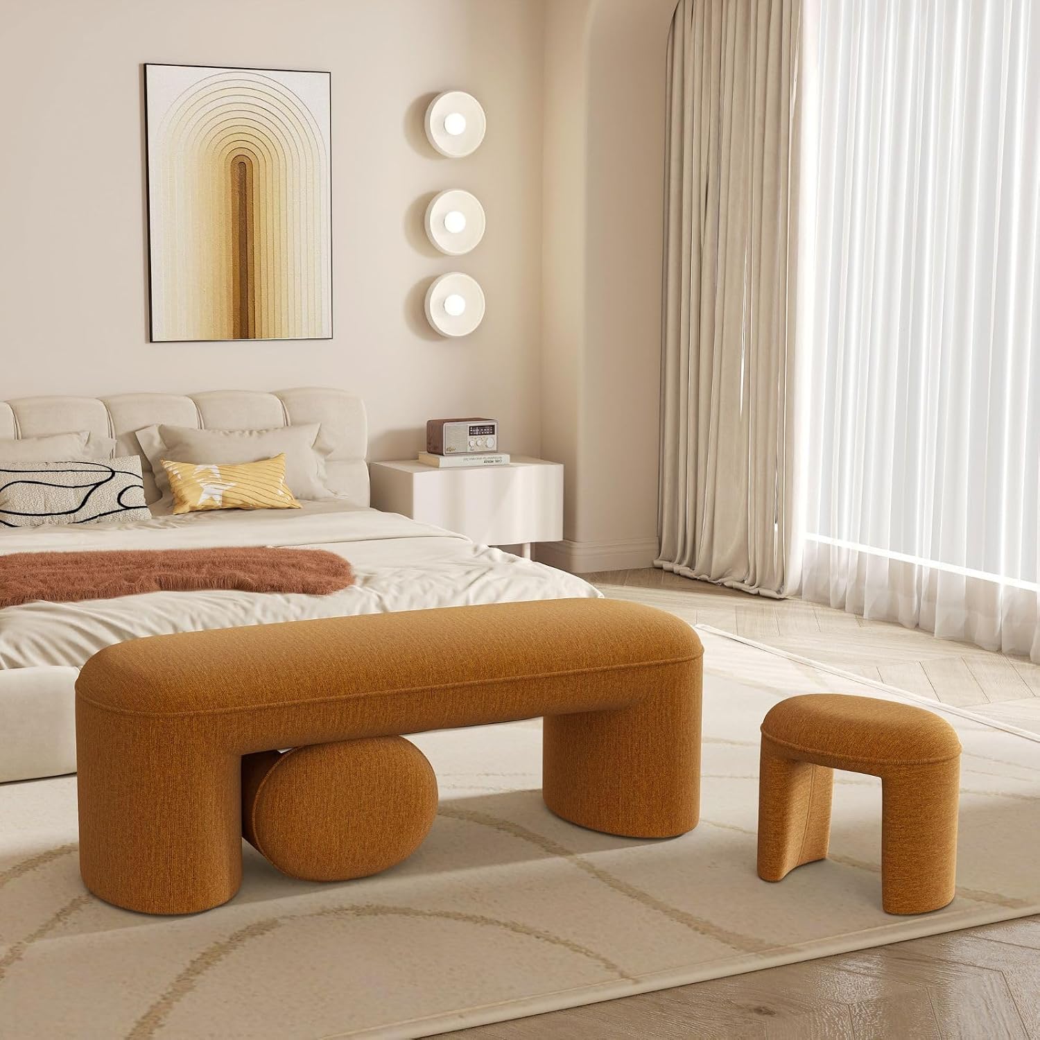 3-Piece Nesting Ottoman Bench Set, 53' Chenille Upholstered End of Bed Bench with 2 Foot Stools, Modern Space-Saving Entry & Vanity Stools for Living Room & Bedroom, Mustard Yellow