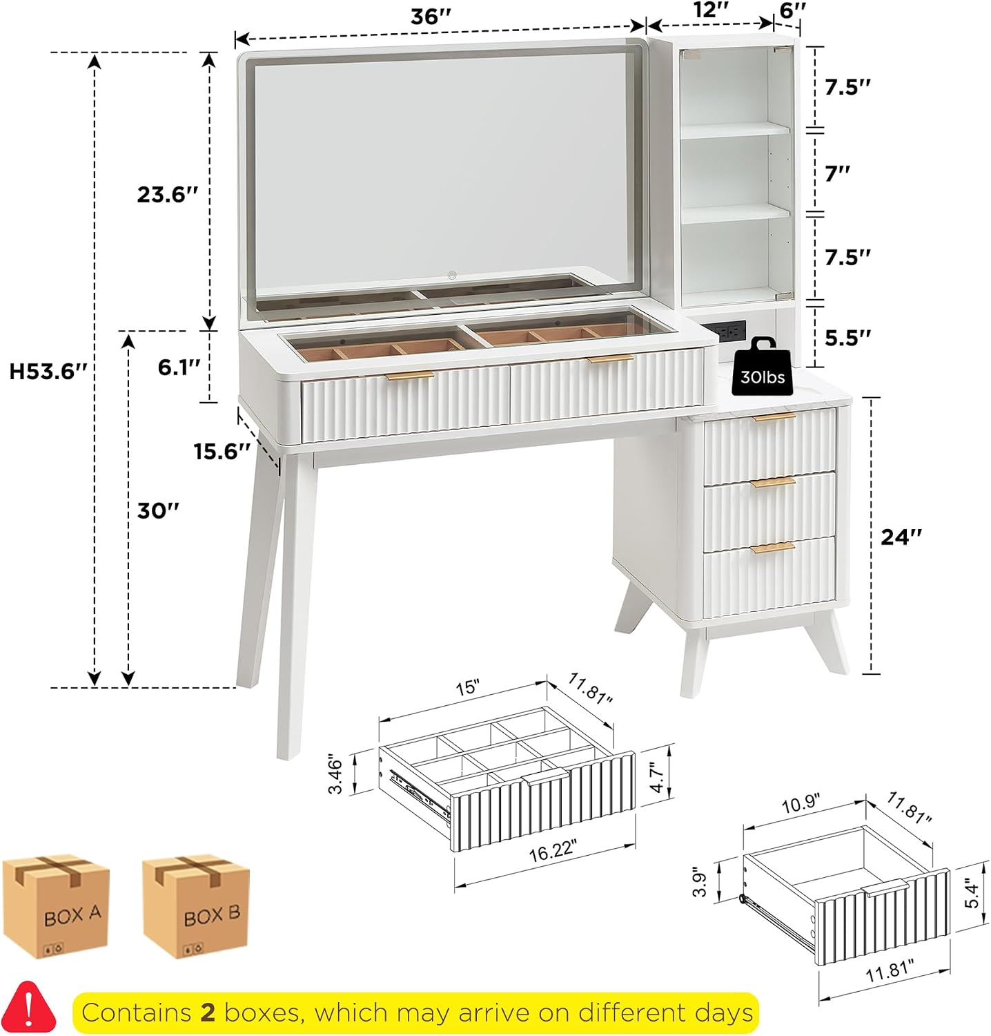 T4TREAM 48' Fluted Makeup Vanity Desk with Large 36' Mirror and Lights, Modern Glass Top Big Vanity Table with 5 Drawers & Adjustable Shelves, Dressing Table Set w/Charging Station for Bedroom, White
