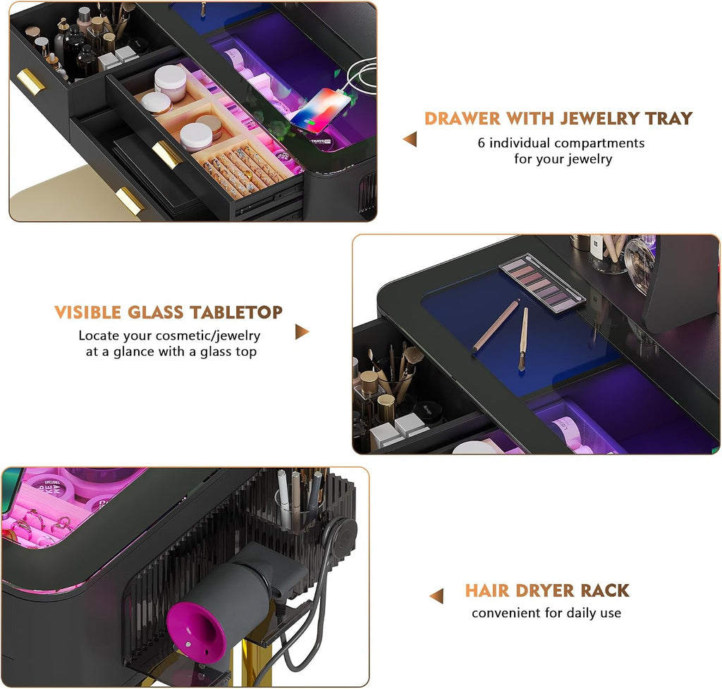 RGB Makeup Vanity Desk with Wireless Charging Station,7 Dynamic and 7 Static Dimmable Vanity Table with Visible Glass Top,Auto Sensor LED Make up Vanity with Mirror and Lights,Stool