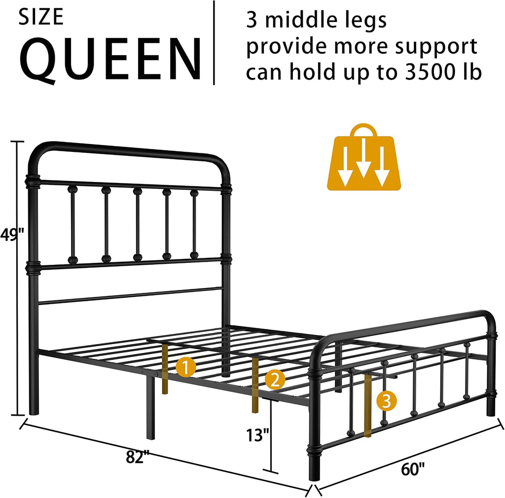 Queen-Bed-Frame-Metal Platform Bed Frame with 49' High-Headboard - Solid Quite Easy Set Up Mattress Foundation No Box Spring Needed
