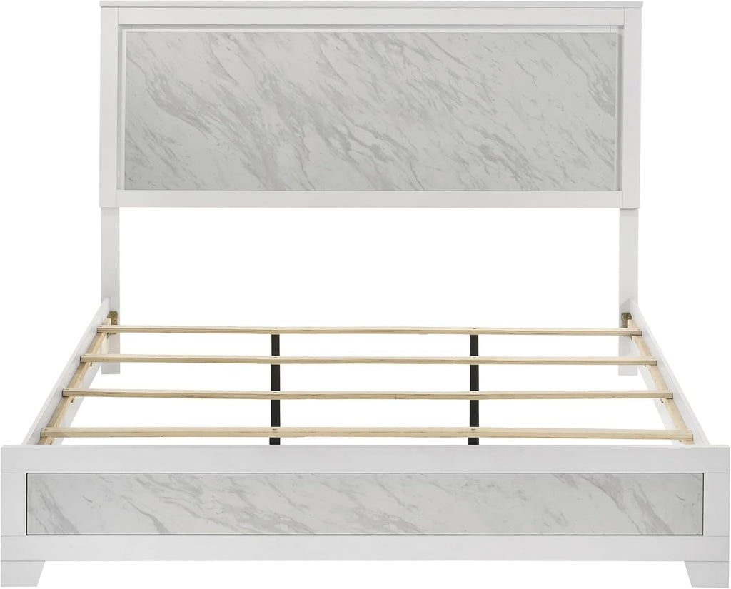 Furniture of America Anton Modern Solid Wood 3-Piece Bedroom Set with Faux Marble Headboard Bed, Metal Center Glide on Nightstand and Chest, Box Spring Needed for Bedroom, Guest Room, King, White