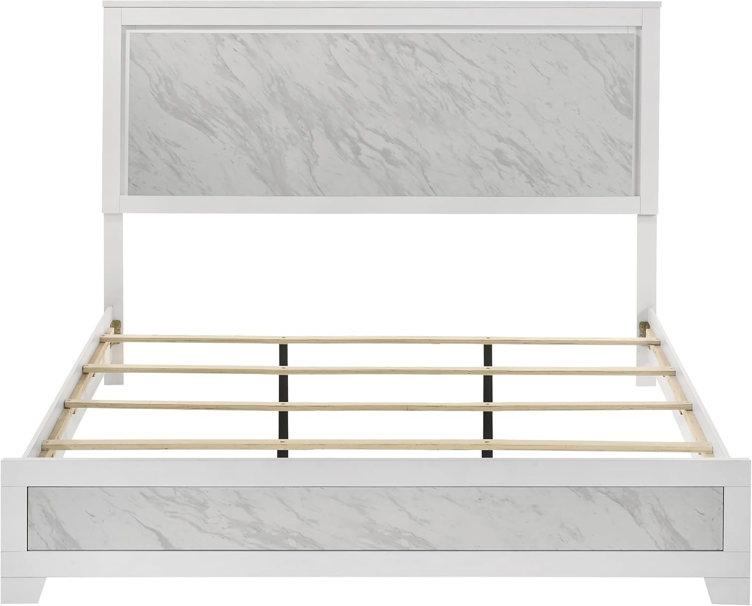 Furniture of America Anton Modern Solid Wood 3-Piece Bedroom Set with Faux Marble Headboard Bed, Metal Center Glide on Nightstand and Chest, Box Spring Needed for Bedroom, Guest Room, King, White