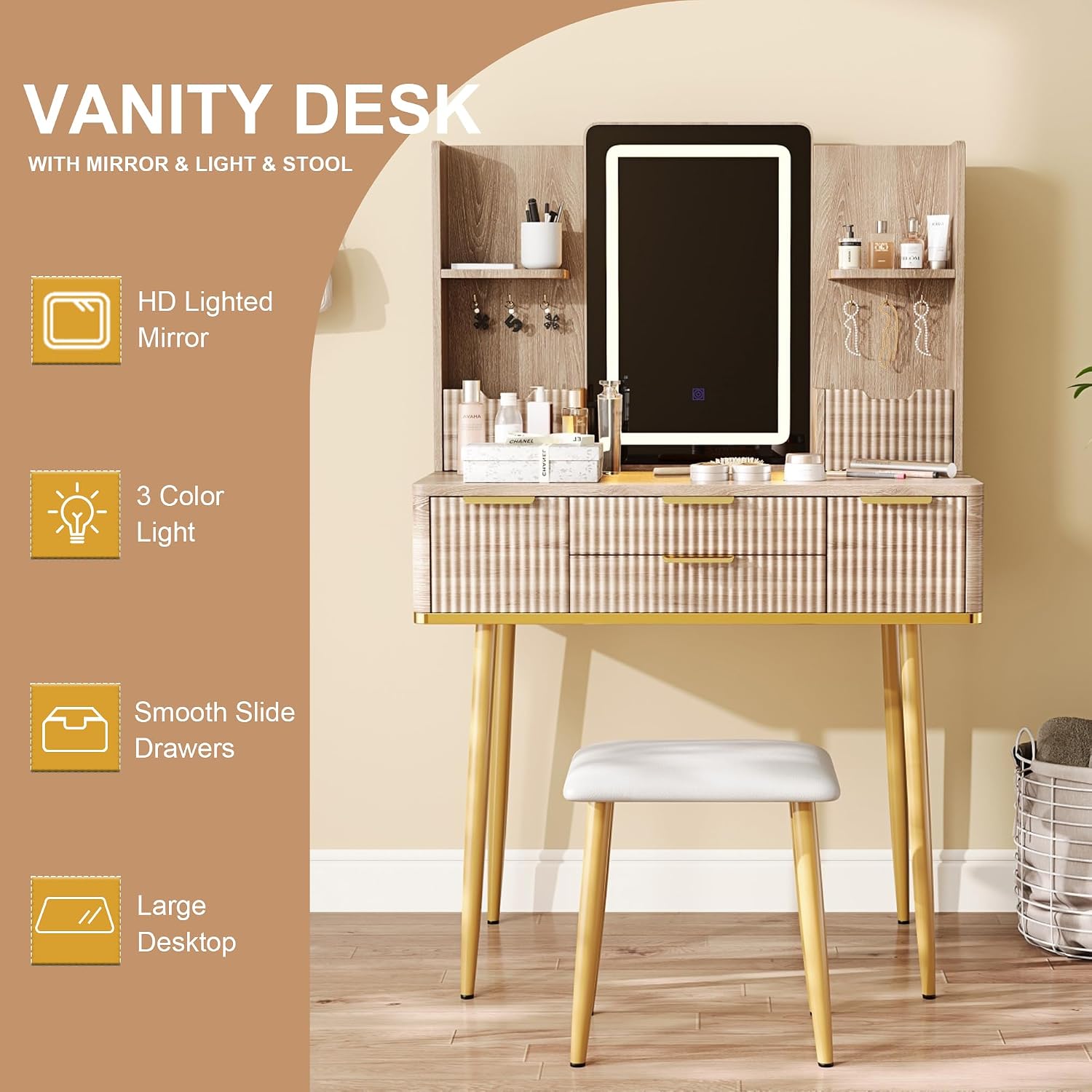 Vanity Desk with LED Mirror Lights, 4 Drawers & Jewelry Storage, Makeup Vanity Set with Metal Legs and PU Stool, Dressing Table for Bedroom Girls, Yellow Brown
