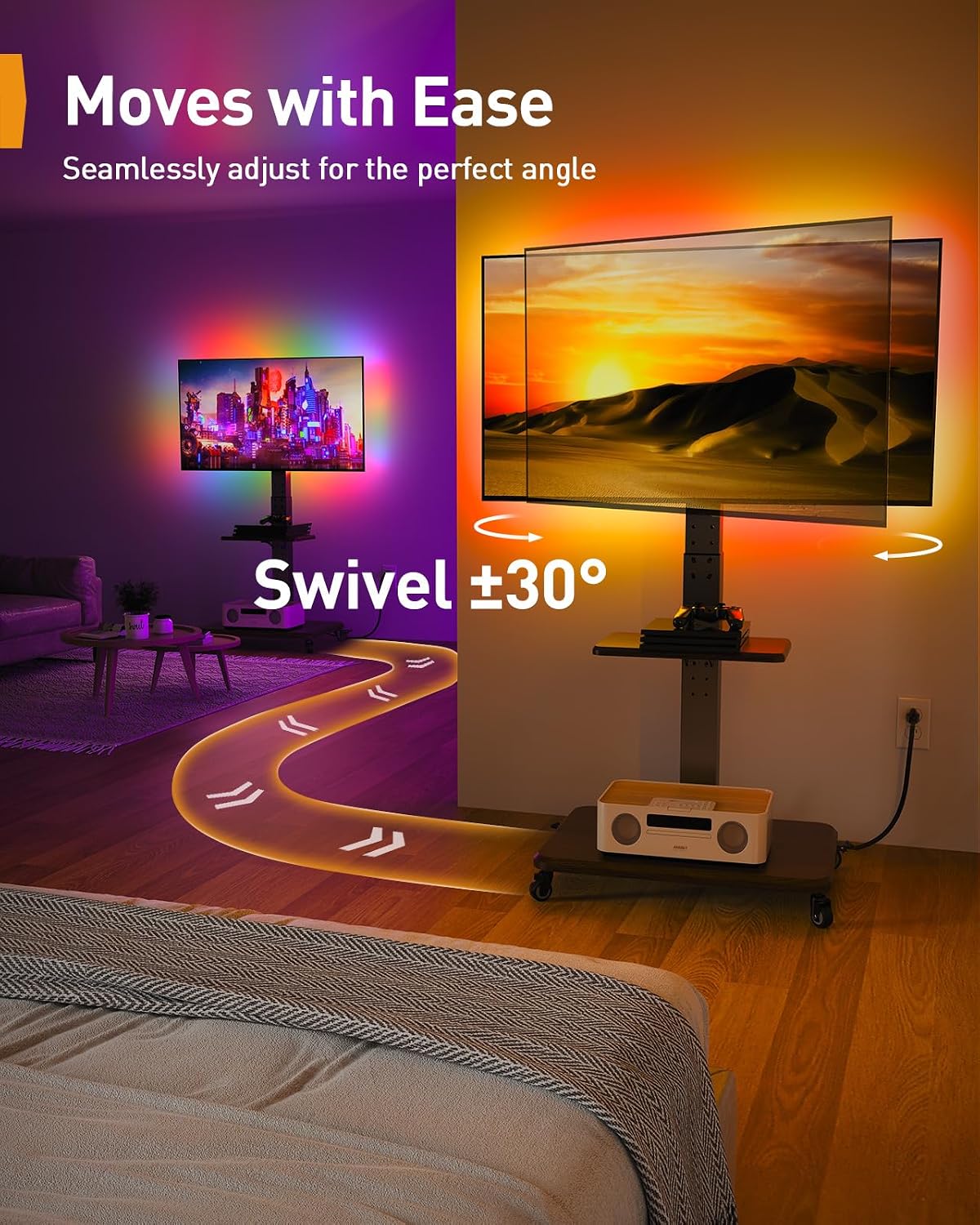 Perlegear Rolling TV Stand with LED Lights for 32'-77' TVs up to 110 lbs, Mobile TV Stand with Swivel, Tilt, and 18 Height Levels, TV Cart with Wheels and Solid Wood Base, Max VESA 600x400mm, PGTVC32B