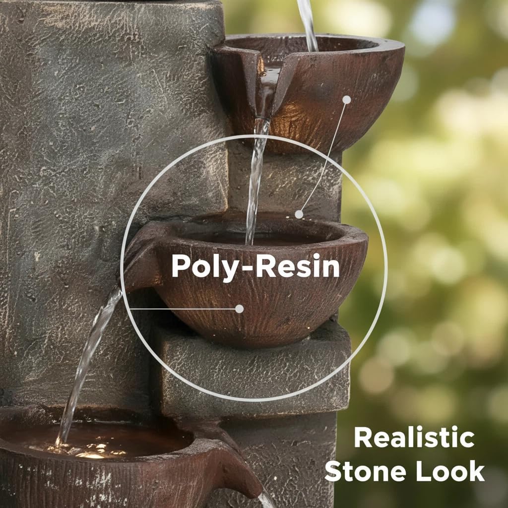 SunJet 5-Tier Outdoor Water Fountain Resin Fountain Decor with LED Lighting Natural Polyresin Looking Stone Decor for Garden Patio Fold Court Yard Deck 12.99' L x 13.78' W x 39.76' H