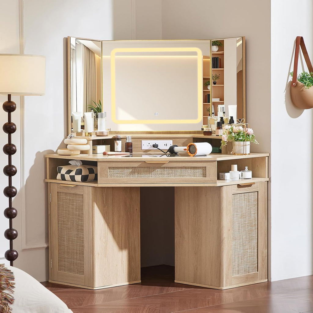 Lerliuo LEYAOYAO Fluted Makeup Vanity Desk with Mirror and Lights, 43.5'' Blue Vanity Table with Glass Top and Power Outlet, Make Up Vanity with 6 Drawers and Adjustable Shelves for Bedroom