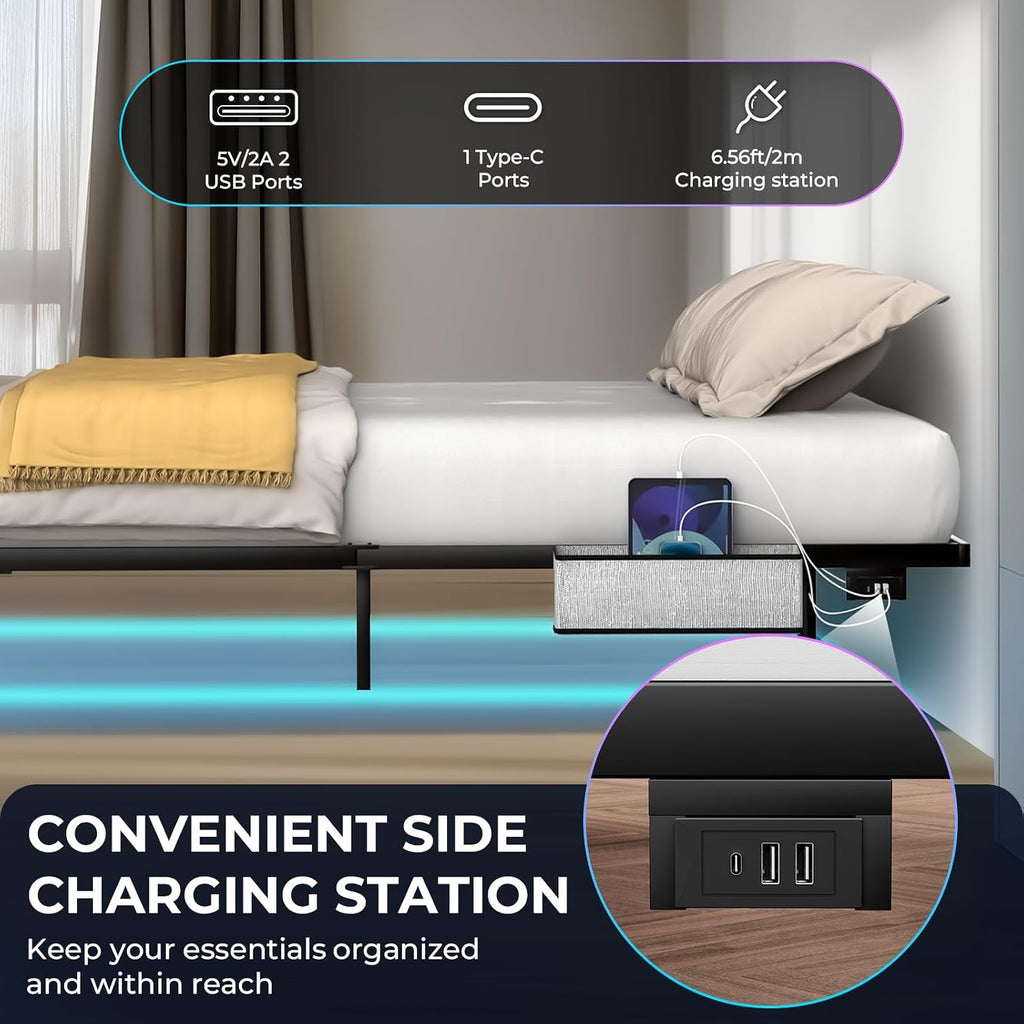 Tatub King Floating Bed Frame with Bedside Caddy, LED Floating Metal Platform Bed Frame with Charing Station & 4 Mattress Slide Stopper, No Box Spring Needed, Easy to Assemble