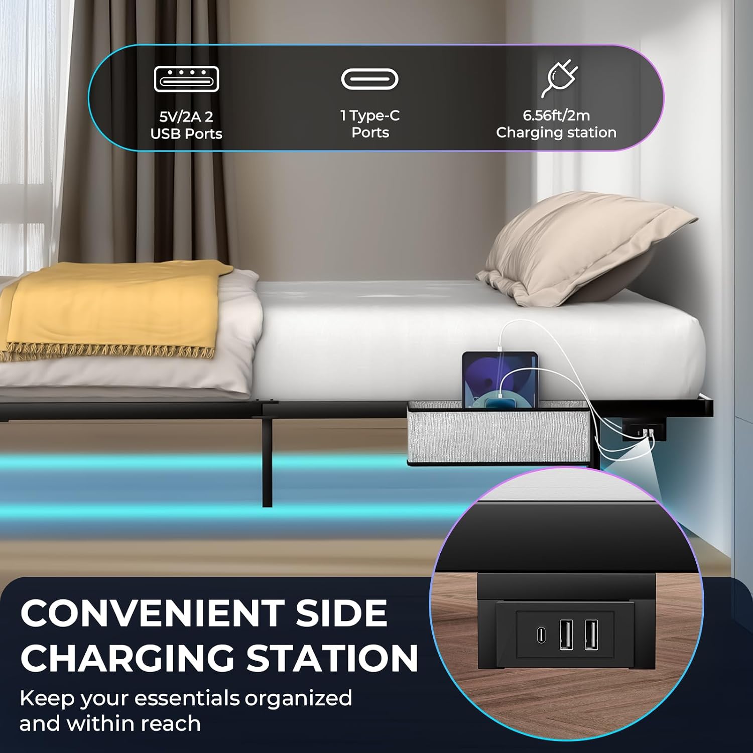 Tatub King Floating Bed Frame with Bedside Caddy, LED Floating Metal Platform Bed Frame with Charing Station & 4 Mattress Slide Stopper, No Box Spring Needed, Easy to Assemble