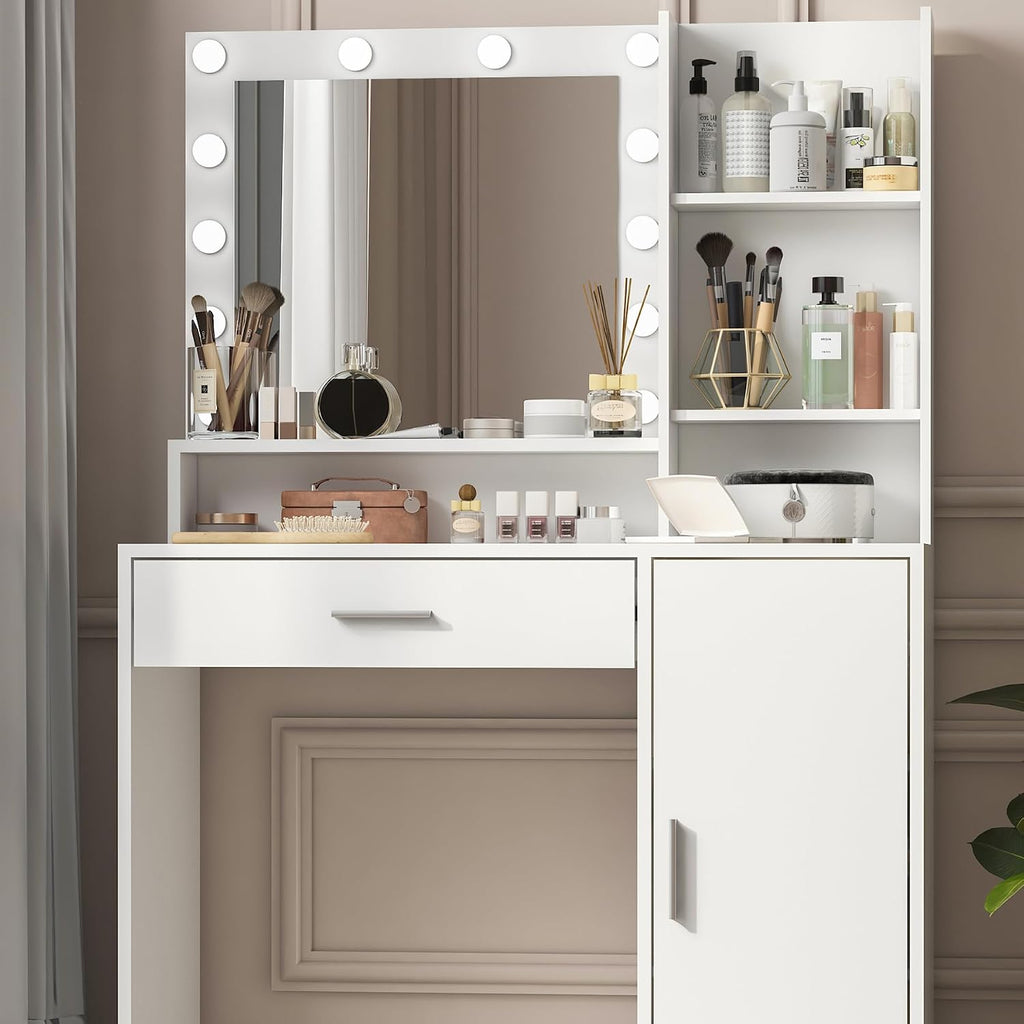 Makeup Vanity Desk with Mirror and Led Lights,Makeup Desk with Lights 3 Colors,Makeup Vanity with 5 Drawers&3 Shelves, Vanity Table with Stool and Power Outlet, Vanity Set for Bedroom,White