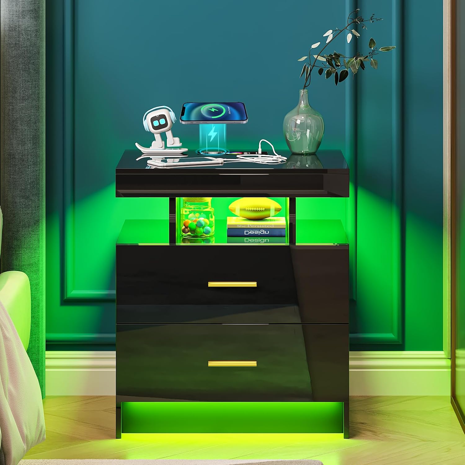 WOOVIVS Night Stand with Light, High Gloss Nightstand with USB/Wireless Charging Station, LED Black Nightstands with Storage Drawers, RGB Side End Table for Bedroom Furniture（Black）