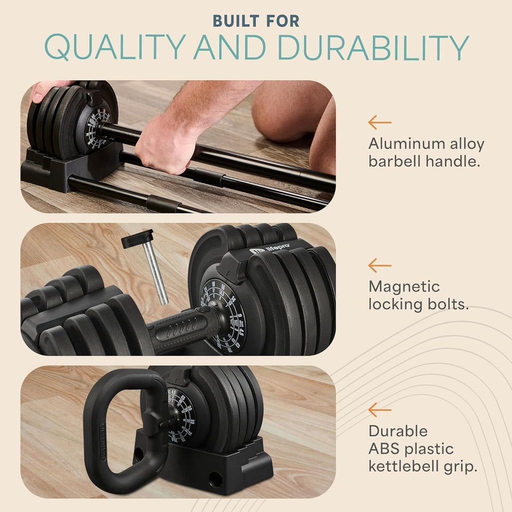Lifepro Adjustable Dumbbells Set – Quick Adjustment, Anti Slip Handle – Space Saving & Strength Training Weights for Home Gym Exercise & Fitness