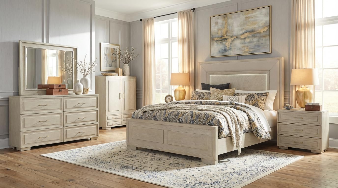 First of a Kind Celine Modern 4 Piece King Bedroom Set with Warm Wood Finish Clean Contemporary Design Coordinated Furniture Collection