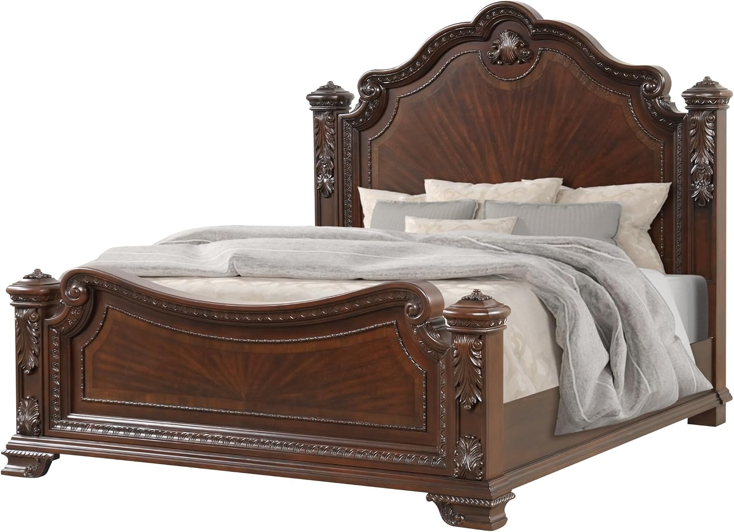 Style 4 Pc King Bedroom Set with Wood Carvings Made with Wood in Walnut