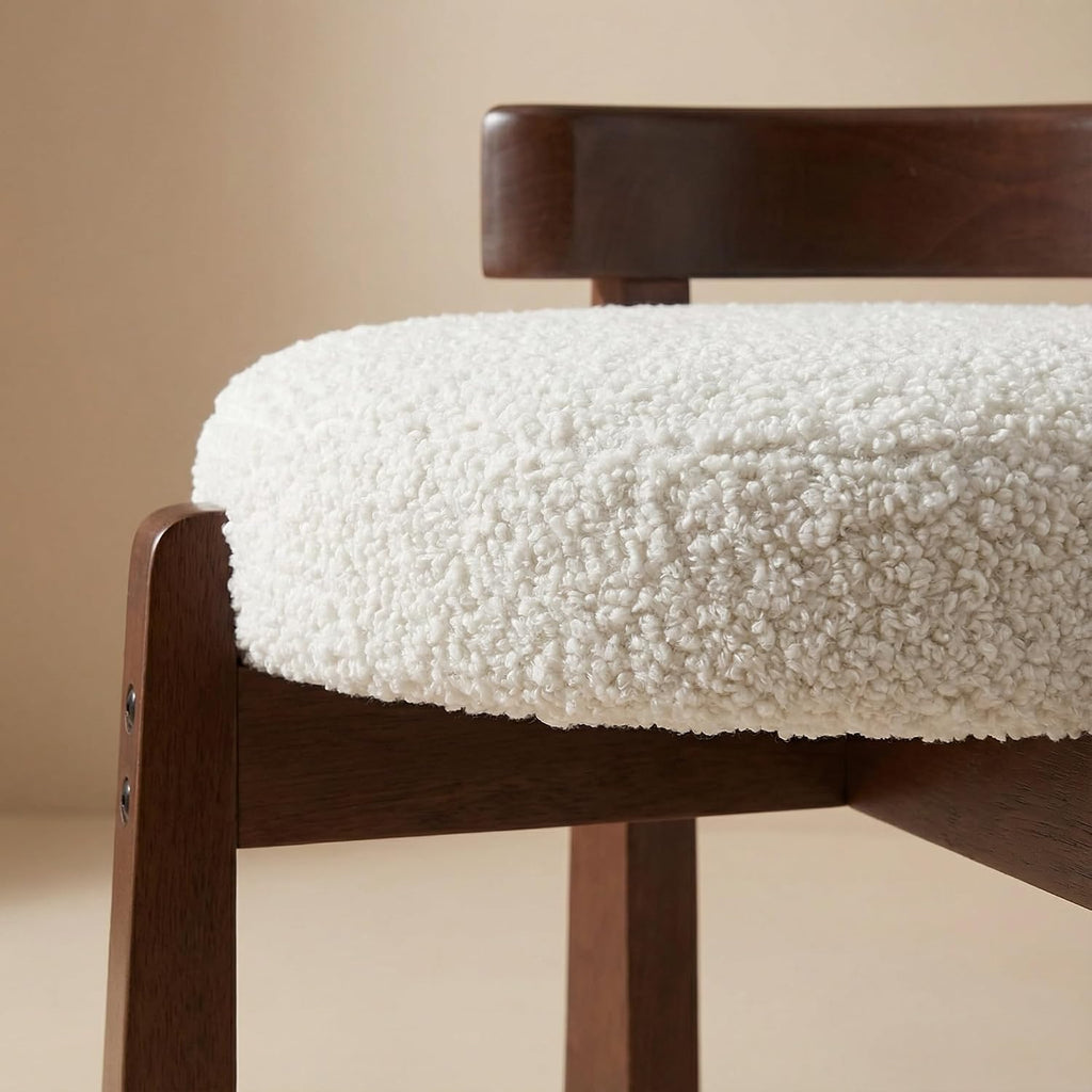 HNY Modern Boucle Ottoman : Upholstered Vanity Chair with Solid Wood Legs, Cute Round Footrest for Bedroom & Living Room, White