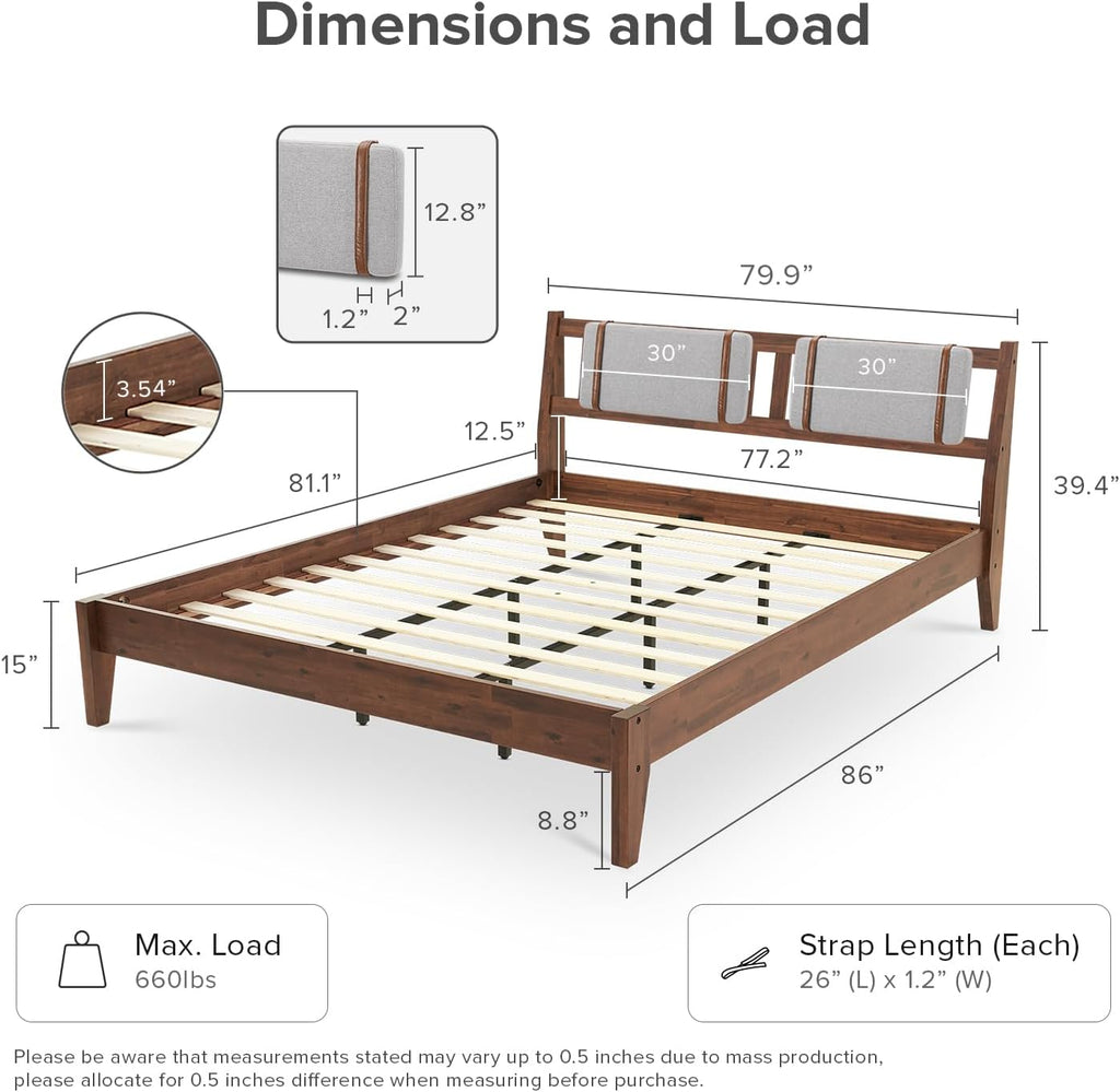 mopio Ted Bed Frame with Headboard, Mid Century Modern Acacia Solid Wood Platform Bed Frame, Wooden Slats, No Box Spring, Double Metal Bar Support (Solid Wood Upholstered, King (U.S. Standard))