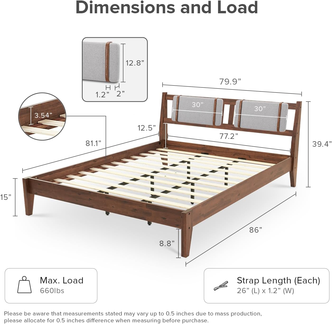 mopio Ted Bed Frame with Headboard, Mid Century Modern Acacia Solid Wood Platform Bed Frame, Wooden Slats, No Box Spring, Double Metal Bar Support (Solid Wood Upholstered, King (U.S. Standard))