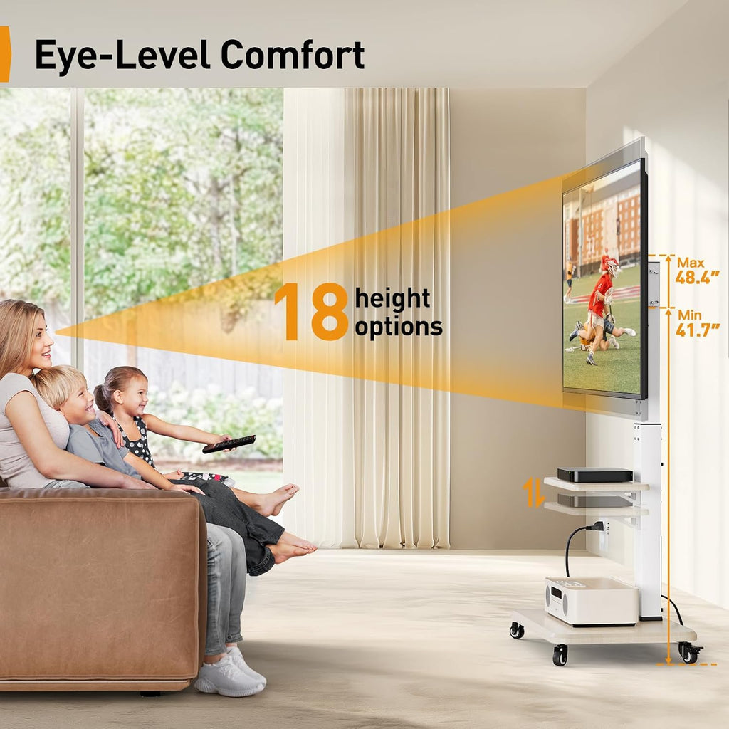 Perlegear Mobile TV Stand with Power Outlet, Tilt & Swivel Rolling TV Cart for 32-75 inches TVs up to 110 lbs, Height Adjustable Rolling TV Stand White with Wheels, Max VESA 600x400mm, PGTVMC17W