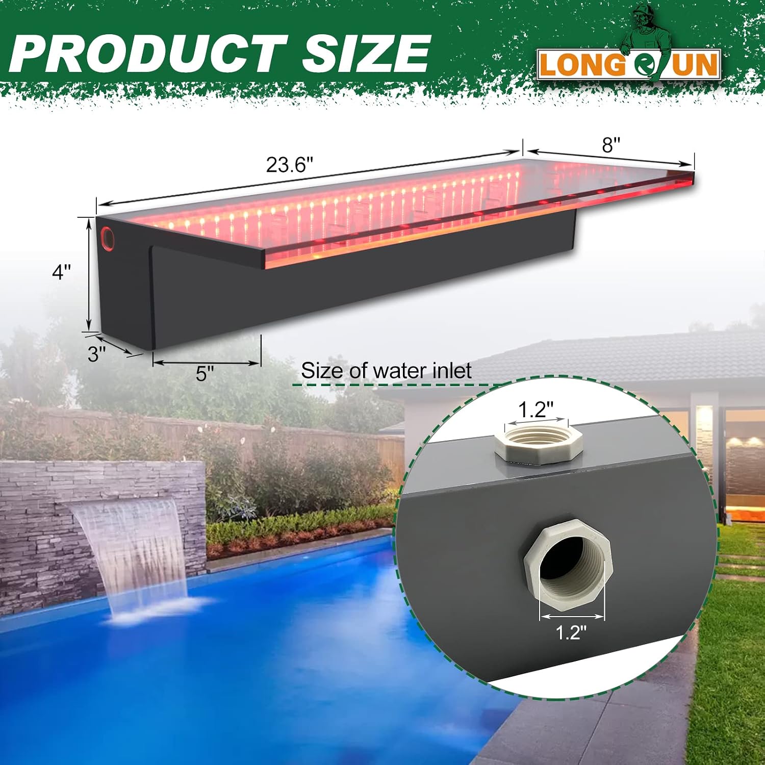 LONGRUN Waterfall Spillway, APP Control Multi-Color LED Light Outdoor Pool Fountain, Acrylic Water Spillway Koi Pond Waterfalls Fountains Kit for Garden Patio Swimming Pool Decoration-23.6'