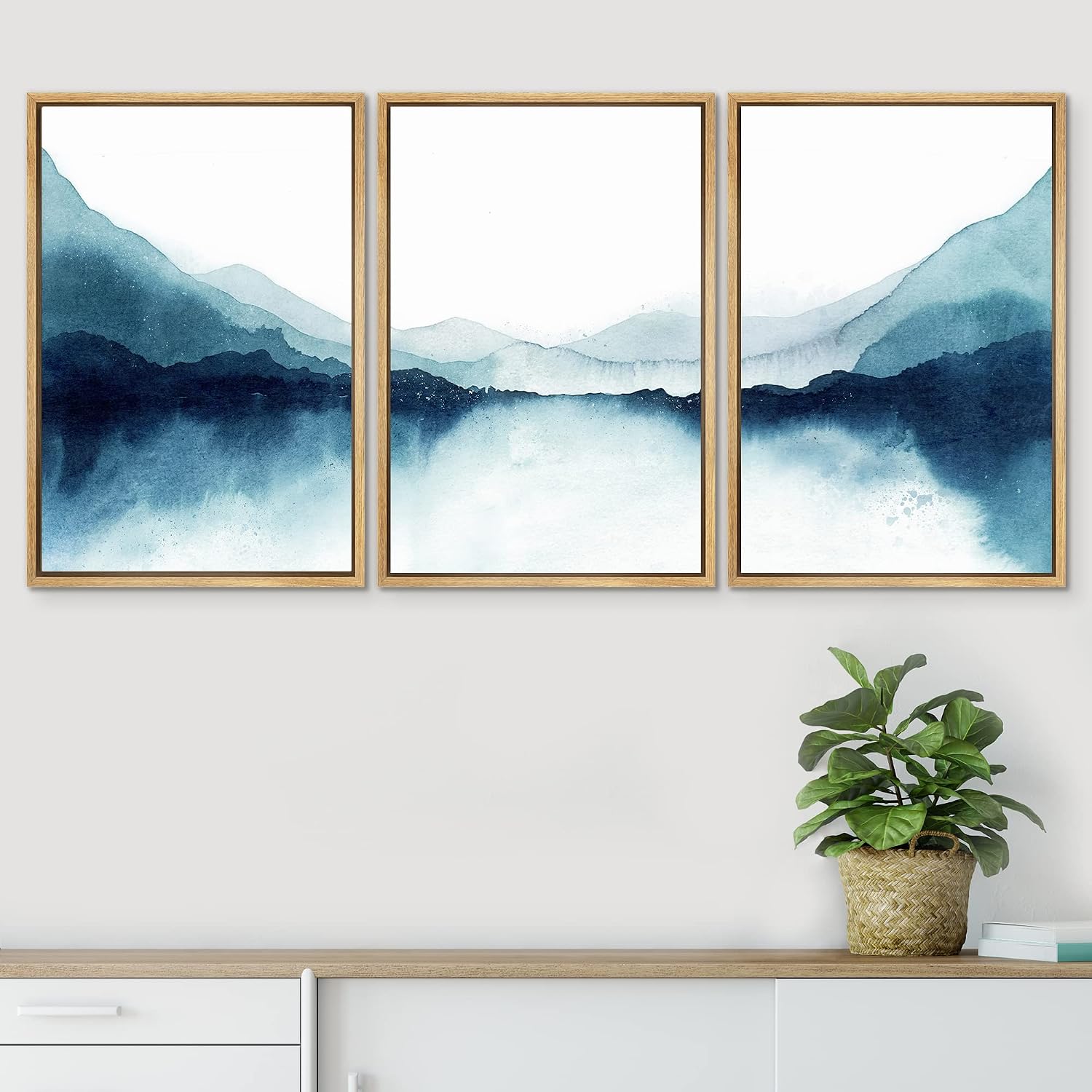 SIGNWIN Framed Canvas Print Wall Art Set Teal Duotone Mountain Lake Reflection Nature Wilderness Illustrations Modern Art Decorative Scenic Rustic for Living Room, Bedroom, Office - 16'x24'x3 Natural