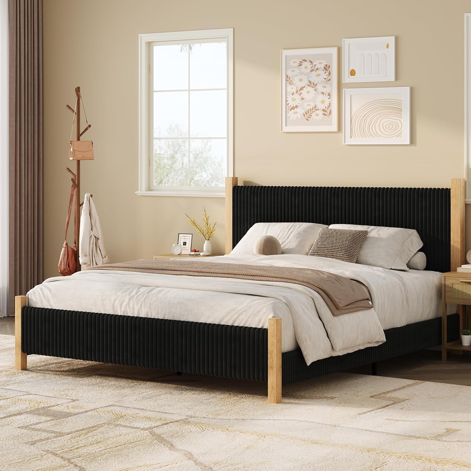 HOMBCK King Size Bed Frame with Headboard, Corduroy Upholstered King Bed Frame Wood, No Box Spring Needed, 4 Solid Wood Support, Noise-Free, Easy Assembly, Black