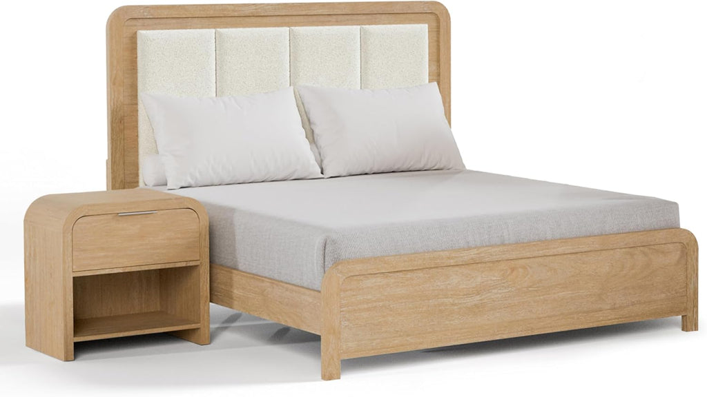 Furniture of America Verena Boho Solid Wood 2-Piece Bedroom Set with Padded Headboard Bed, Metal Side Glide, Finger Pulls on Nightstand, Box Spring Needed, Queen, Natural