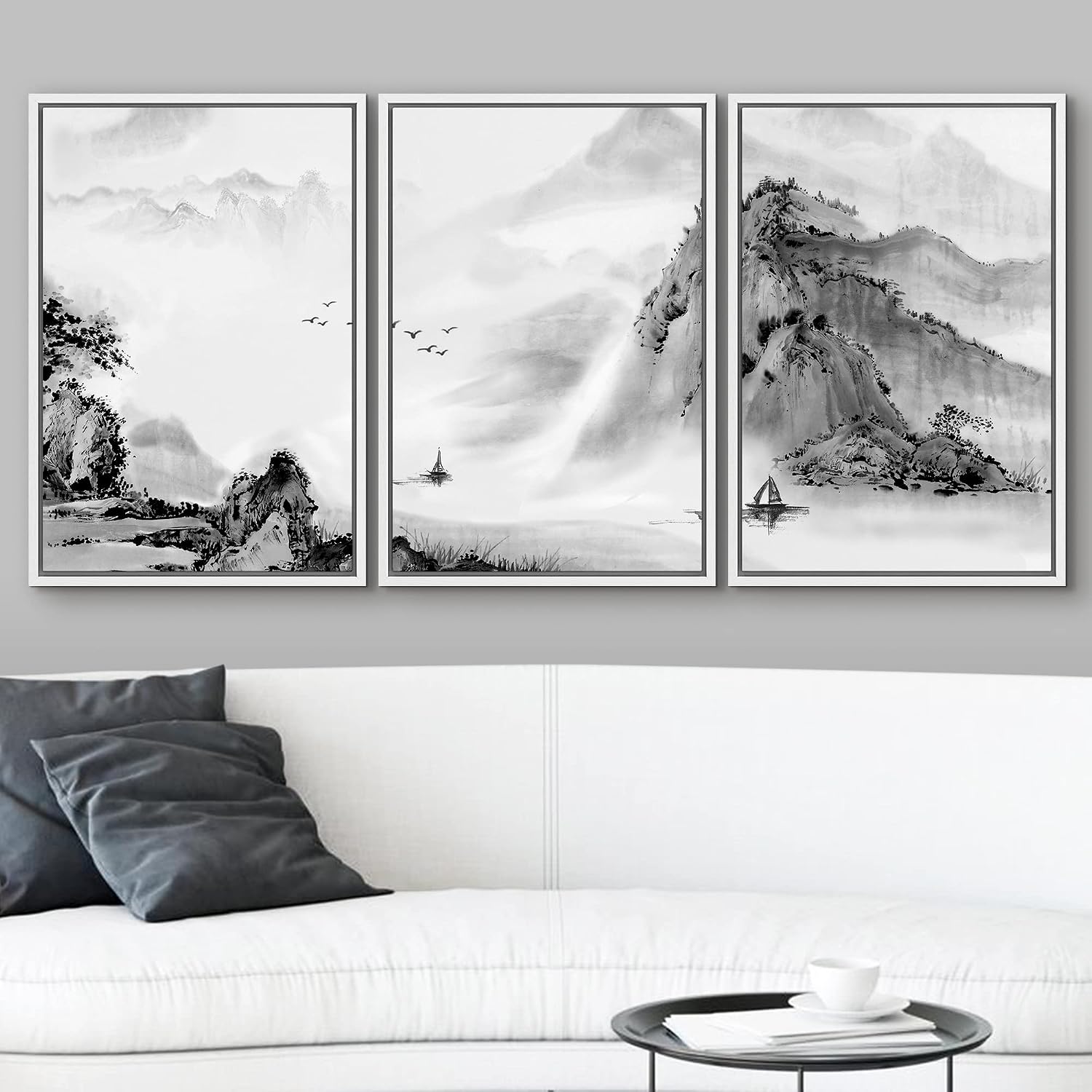 wall26 Framed Canvas Print Wall Art Set Black & White Chinese Ink Rainforest Nature Wilderness Illustrations Modern Art Cultural Scenic Relax/Calm for Living Room, Bedroom, Office - 24'x36'x3 White