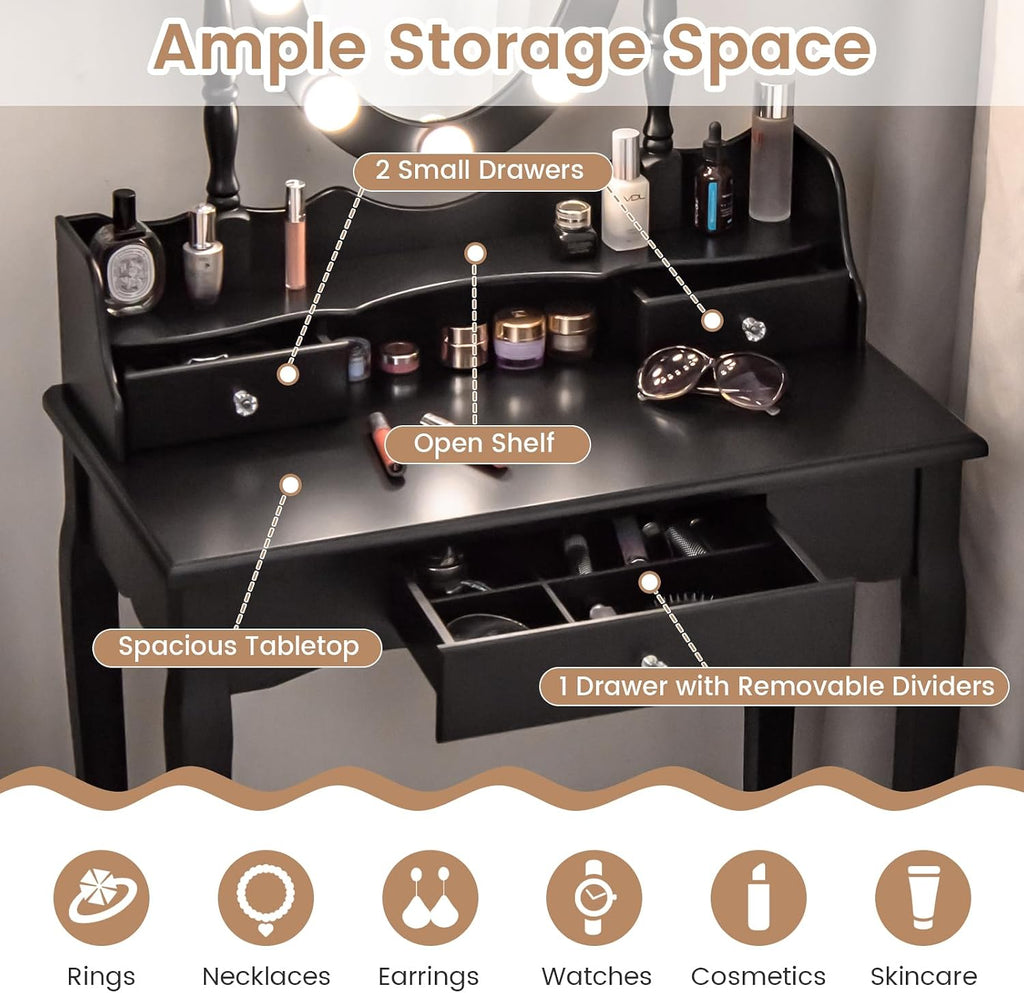 GOFLAME Vanity Table Set with Rotatable Mirror, Makeup Vanity Desk with 3-Color Dimmable LED Lights, 3 Drawers and Cushioned Stool, Dressing Table Set for Bedroom Studio (Black)