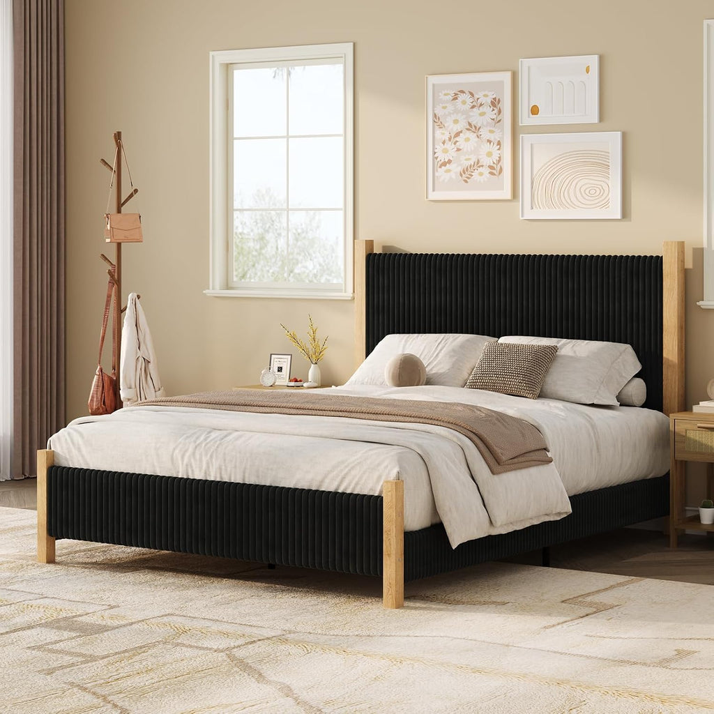 HOMBCK Bed Frame Full Size with Headboard, Corduroy Upholstered Full Bed Frame, No Box Spring Needed, 4 Solid Wood Support, Noise-Free, Easy Assembly for Teens, Apartments, Black