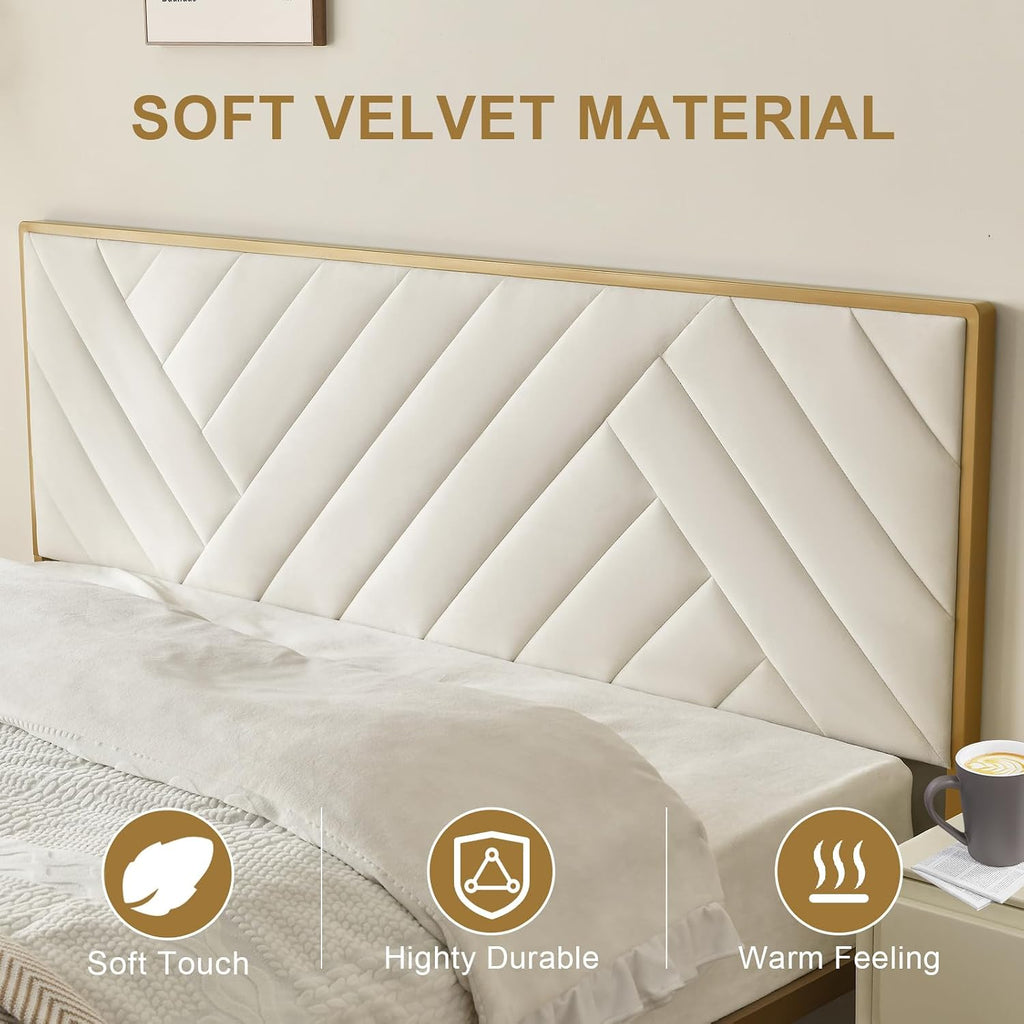 VELOCAVA Full Metal Upholstered Bed with Geometric Headboard, Velvet Platform Bed with 10'' Under Bed Storage Supported by Metal Base and Wooden Slats, No Box Spring Needed, Gold&Cream