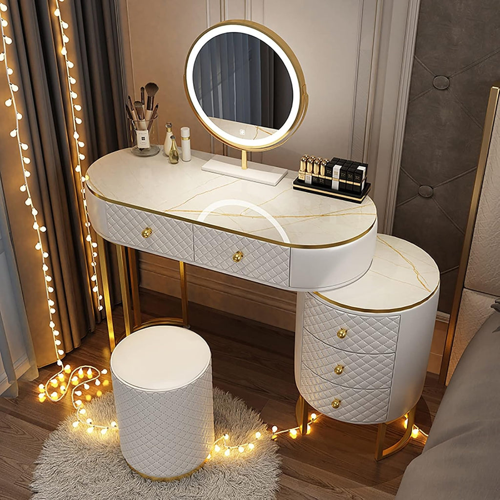 Corner Makeup Table Set Makeup, Women Dresser Table Vanity with 5-6 Drawers, Vanity Dressing Table with 360° Rotating Mirror, Makeup Vanity Benches Vanity Desk ，100cm White Round Stool