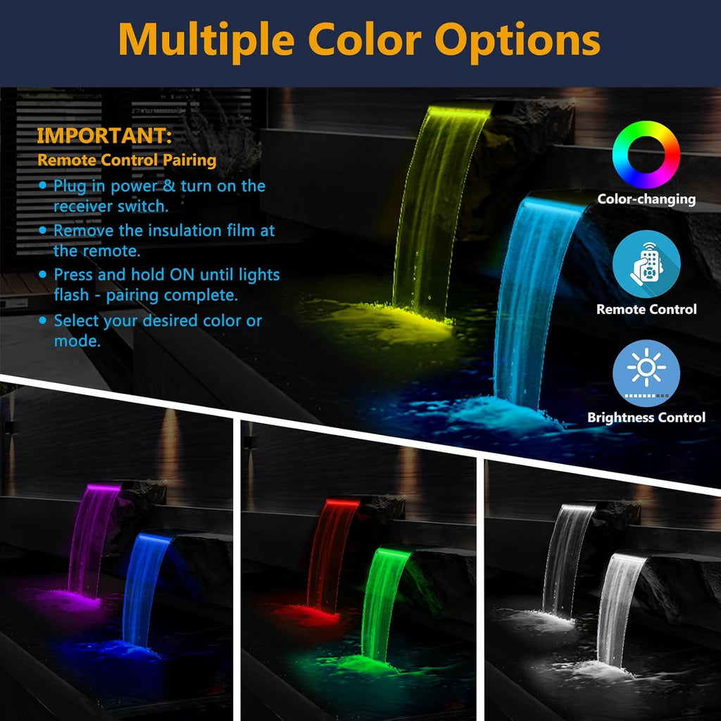 AquaMiracle Pond Waterfall Kit with LED Lights, All-in-1 Stainless Steel Spillway with 800GPH Water Pump, Outdoor Waterfall Fountain for Garden, Backyard & Pool Decor (18inch)