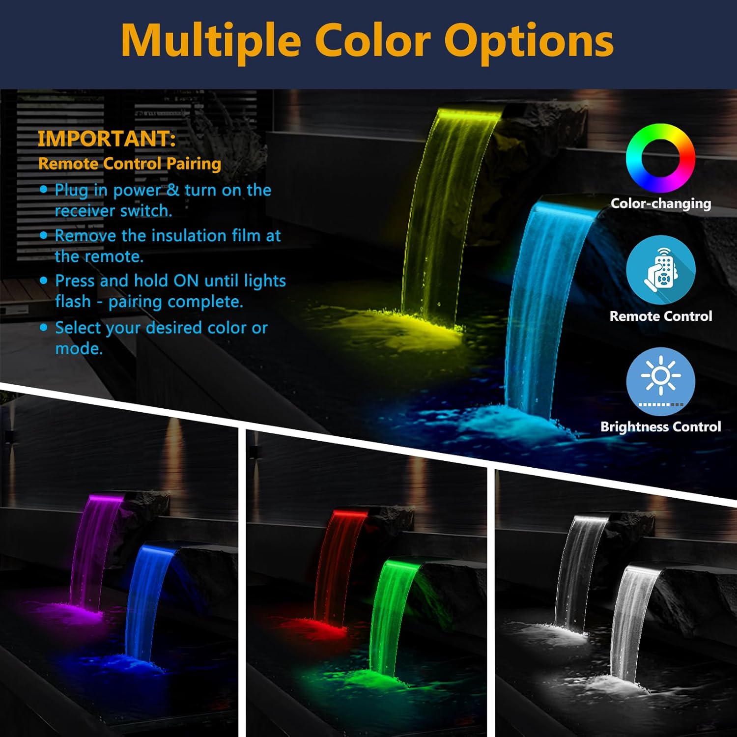AquaMiracle Pond Waterfall Kit with LED Lights, All-in-1 Stainless Steel Spillway with 800GPH Water Pump, Outdoor Waterfall Fountain for Garden, Backyard & Pool Decor (18inch)