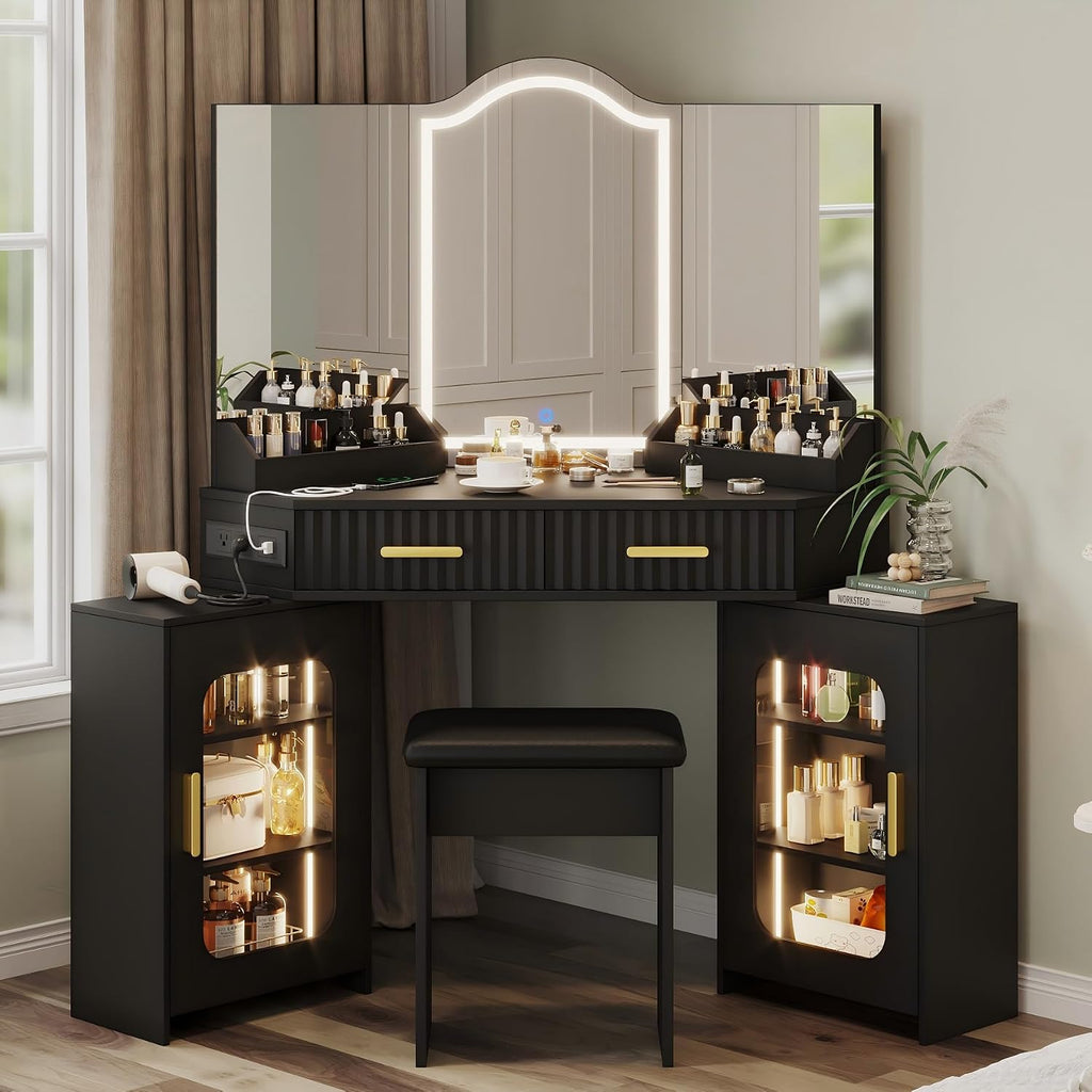 Corner Vanity Desk with 3 Way Mirror & LED Lights, Makeup Table Set with Charging Station, Storage Drawers & Side Cabinets, Modern Bedroom Dressing Table for Women & Girls Birthday Gift