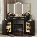 Corner Vanity Desk with 3 Way Mirror & LED Lights, Makeup Table Set with Charging Station, Storage Drawers & Side Cabinets, Modern Bedroom Dressing Table for Women & Girls Birthday Gift