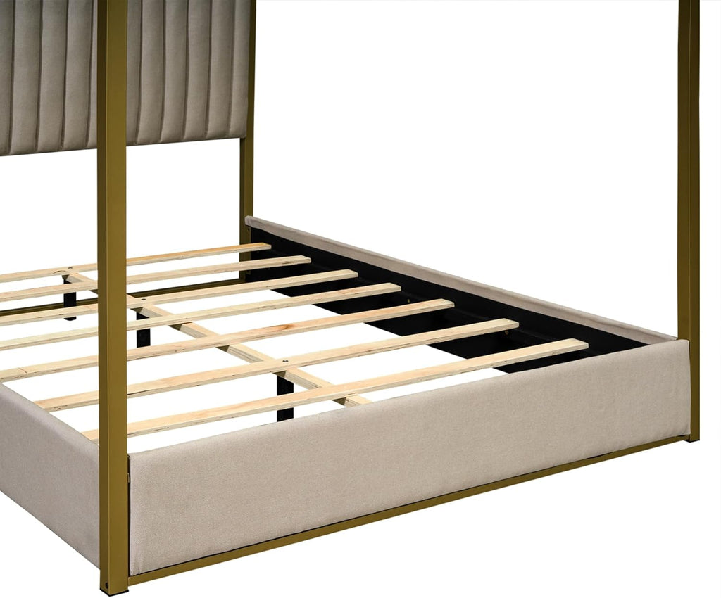 Upholstery Canopy Platform Bed with Headboard and Metal Frame for Bedroom,No Spring Box Needed (Beige, Queen (U.S. Standard))
