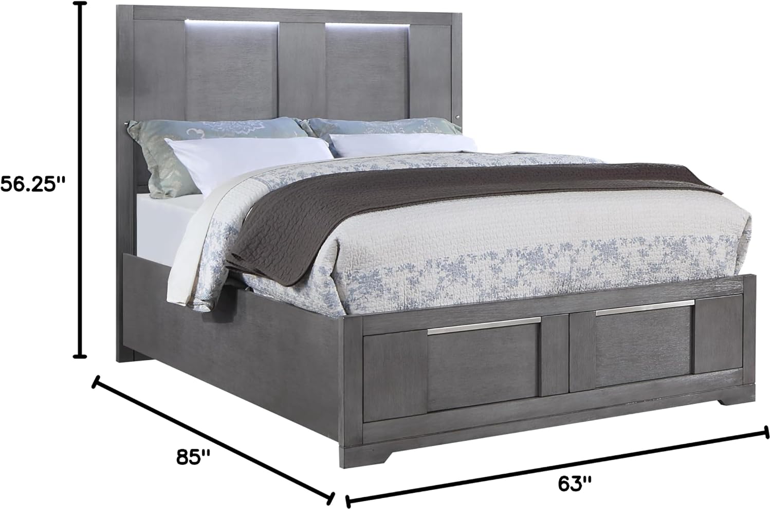 Furniture of America Del Rio Wood Frame 3-Piece Bedroom Set, Queen-Size Bed with Lighted Headboard & Drawers and 2 Nightstands, Mattress Ready, Gray