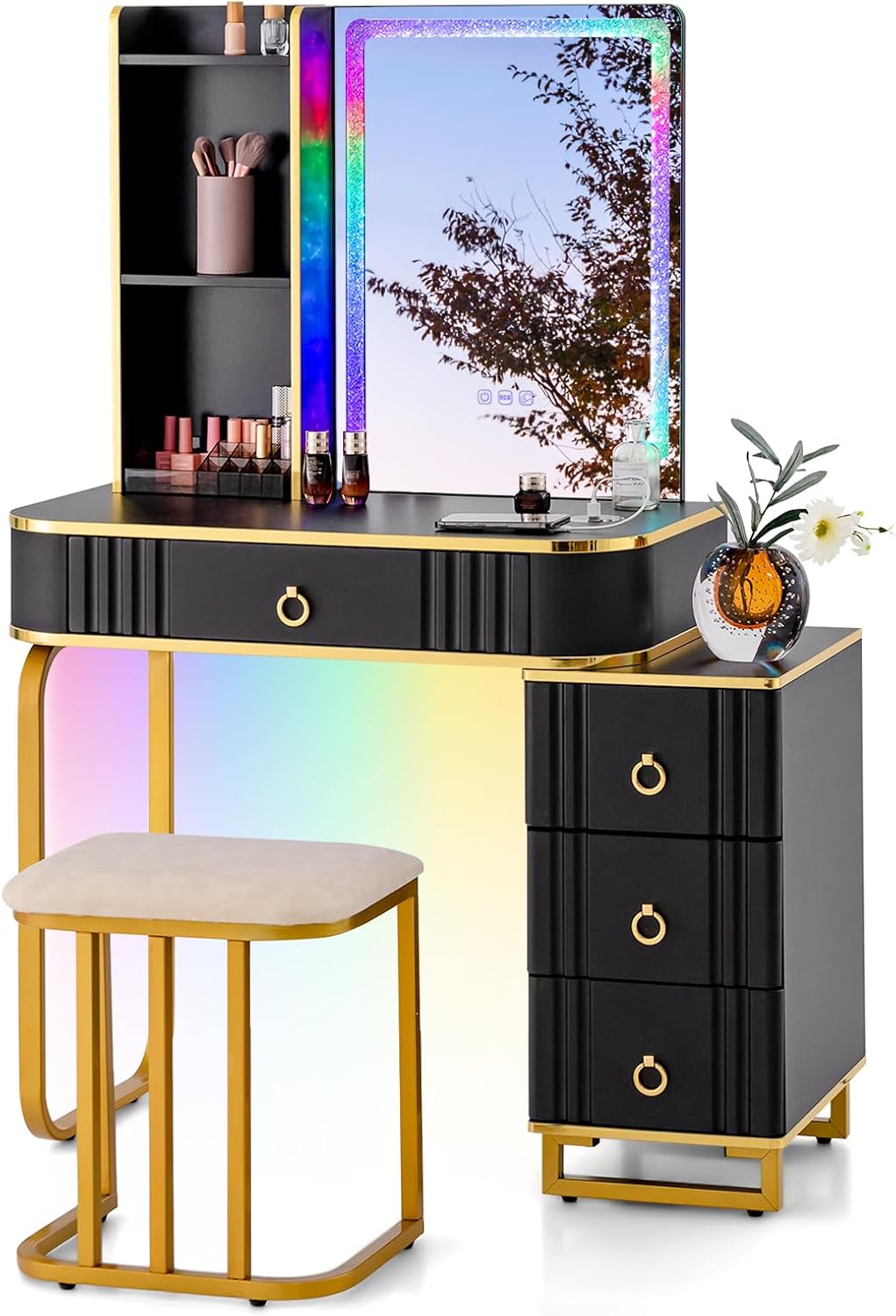CHARMAID RBG LED Makeup Vanity Table, Colorful Lighted Mirror, 7 Dynamic & 7 Static Modes, 3-Drawer Chest, 3 Shelves, Large Drawer, Girls Vanity Desk Dressing Table with Stool
