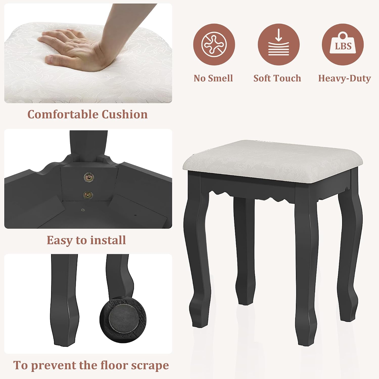 Vanity Desk with LED Lighted Mirror & 4 Drawers, Makeup Vanity Table with Cushion Stool, 3 Color Modes & Adjustable Brightness Dressing Table, for Bedroom, Black (Black)