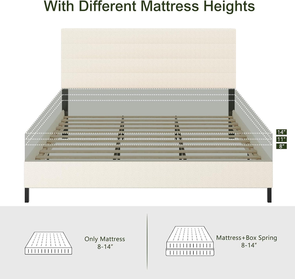 Furnihome King Size Bed Frame, Modern Sherpa Upholstered Bed Frame King with Adjustable Headboard, Wooden Slats Support Platform, No Box Spring Needed,Easy Assembly,Cream