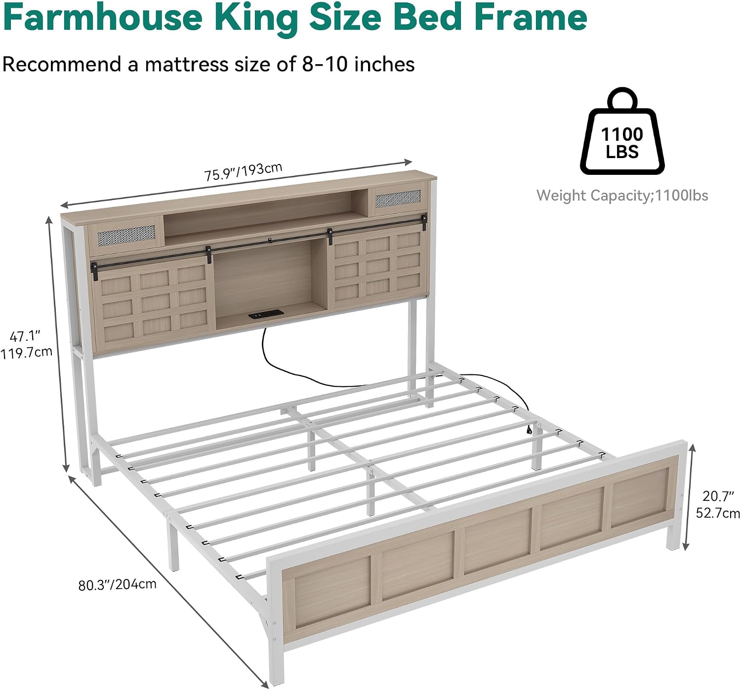 YITAHOME Farmhouse Bed Frame King Size with Storage Bookcase Headboard, Wooden Bed Frame with Charging Station & Led Light, Platform Bed with Sliding Barn Door, No Box Spring Needed,Oak w/Light